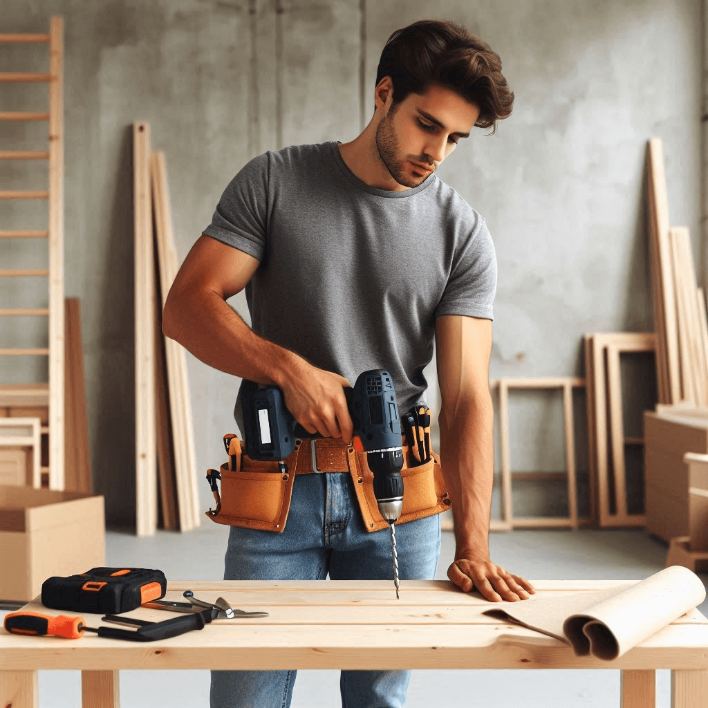A Boy driliing in wood.